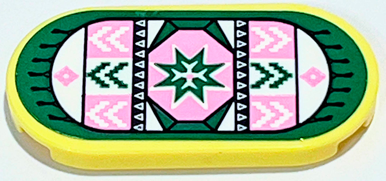 Tile, Round 2 x 4 Oval with Rug with Bright Pink, Green and White Geometric Chevrons, Triangles and Squares and Black Fringe Pattern (Sticker) - Set 41702