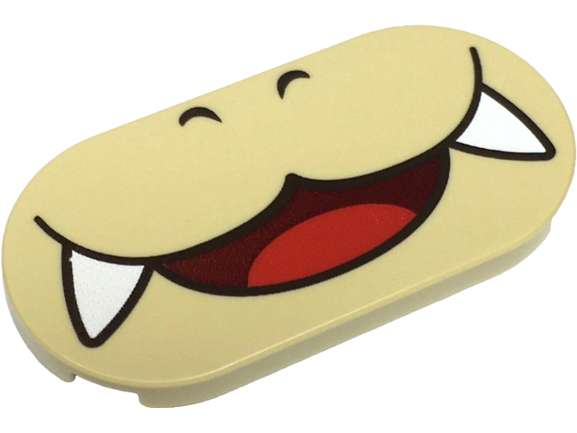 Tile, Round 2 x 4 Oval with Dark Brown Nostrils and Wide Dark Red Open Mouth Smile with Red Tongue and White Fangs Pattern (Super Mario Roy Lower Face)