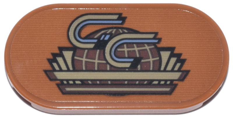 Tile, Round 2 x 4 Oval with Dark Tan, Reddish Brown, and Sand Blue 'GC' GothCorp Globe Logo Pattern (Sticker) - Set 76271