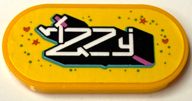 Tile, Round 2 x 4 Oval with Black and White Stylized 'Izzy', Medium Azure Dots, Dark Pink Hearts and Stars Pattern (Sticker) - Set 71461