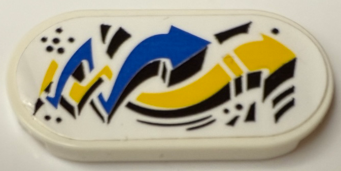 Tile, Round 2 x 4 Oval with Black, Blue and Yellow Twisted and Curved Arrows Pattern (Sticker) - Set 71461
