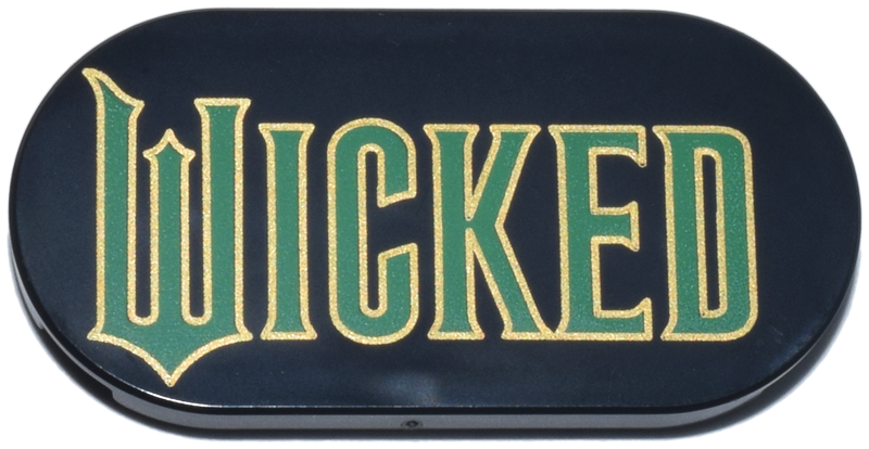 Tile, Round 2 x 4 Oval with Green and Gold 'WICKED' Logo Pattern