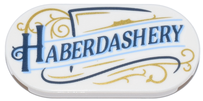 Tile, Round 2 x 4 Oval with Dark Blue and Medium Blue 'HABERDASHERY' and Gold Filigree Pattern