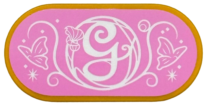 Tile, Round 2 x 4 Oval with White Script Capital Letter G (Glinda), Butterflies, Filigree, Flower and Sparkles on Bright Pink Background Pattern (Sticker) - Set 75682