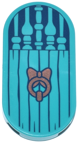 Tile, Round 2 x 4 Oval with Door with Spindles, Dark Blue Wood Grain and Copper Knocker Pattern