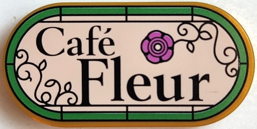 Tile, Round 2 x 4 Oval with Black 'Café Fleur' (Cafe), Filigree and Dark Pink Flower on Light Nougat Background with Bright Green Border Pattern