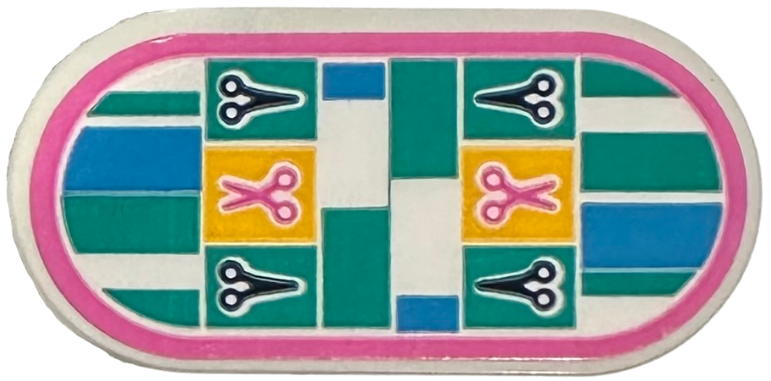 Tile, Round 2 x 4 Oval with Scissors, Bright Light Orange, Dark Turquoise and Medium Azure Rectangles and Dark Pink Border Pattern (Sticker) - Set 41743