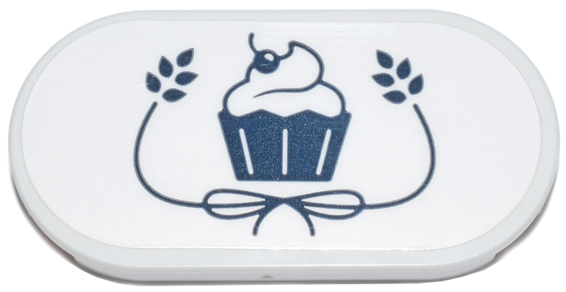 Tile, Round 2 x 4 Oval with Sign with Dark Blue Cupcake and Bow with Leaves Pattern (Sticker) - Set 42670