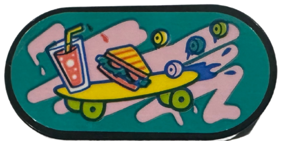 Tile, Round 2 x 4 Oval with Yellow Skateboard with Lime Wheels, Drink, Sandwich, Bright Pink Graffiti and Paint Splotches on Dark Turquoise Background Pattern (Sticker) - Set 41751