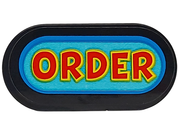Tile, Round 2 x 4 Oval with Red and Yellow 'ORDER' on Medium Azure Background with Blue Border Pattern (Sticker) - Set 77076