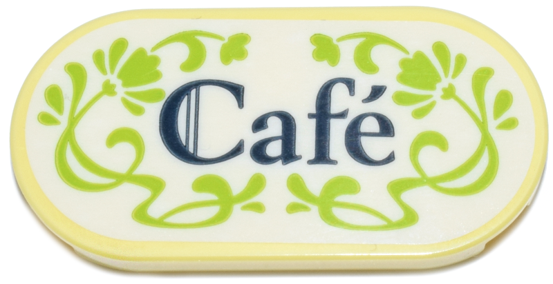 Tile, Round 2 x 4 Oval with White Sign, Lime Filigree and Flowers, Dark Blue 'Café' (Cafe) Pattern (Sticker) - Set 42671