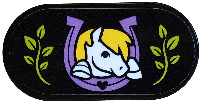 Tile, Round 2 x 4 Oval with White and Yellow Pony Head in Medium Lavender Horseshoe, Lime Grass, Leaves Pattern (Sticker) - Set 42654