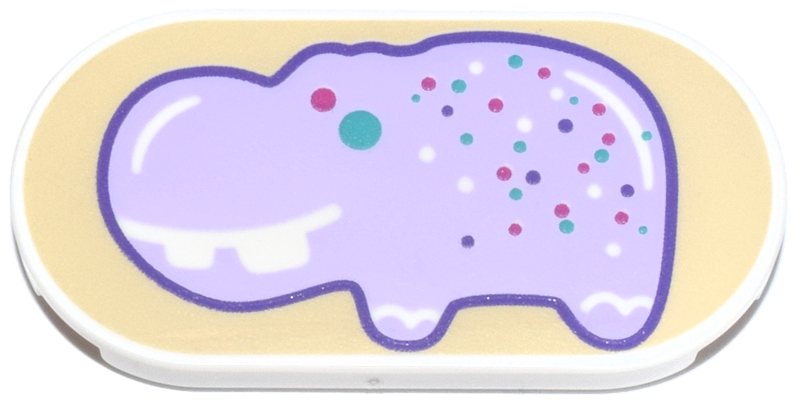 Tile, Round 2 x 4 Oval with Lavender and Dark Purple Hippopotamus with White Smile and Teeth and Dark Turquoise and Magenta Spots on Tan Background Pattern