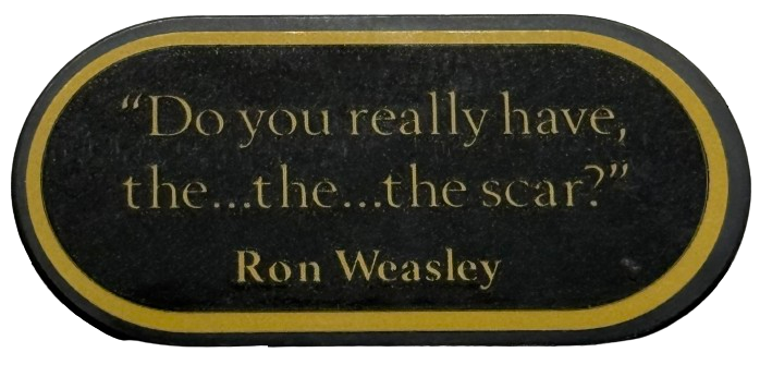 Tile, Round 2 x 4 Oval with Gold Border, '"Do you really have, the...the...the scar?"' and 'Ron Weasley' Pattern (Sticker) - Set 76450