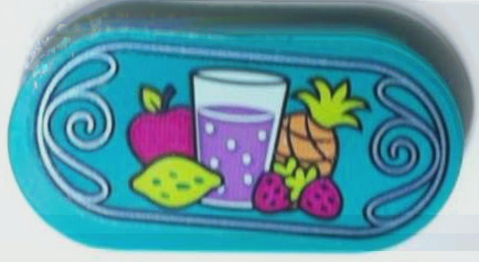 Tile, Round 2 x 4 Oval with Fruit, Glass of Juice and Metallic Light Blue Scrollwork Border Pattern (Sticker) - Set 43215