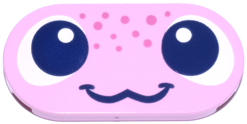 Tile, Round 2 x 4 Oval with Face, Dark Blue and White Eyes and Smile, Dark Pink Spots Pattern (Axolotl)