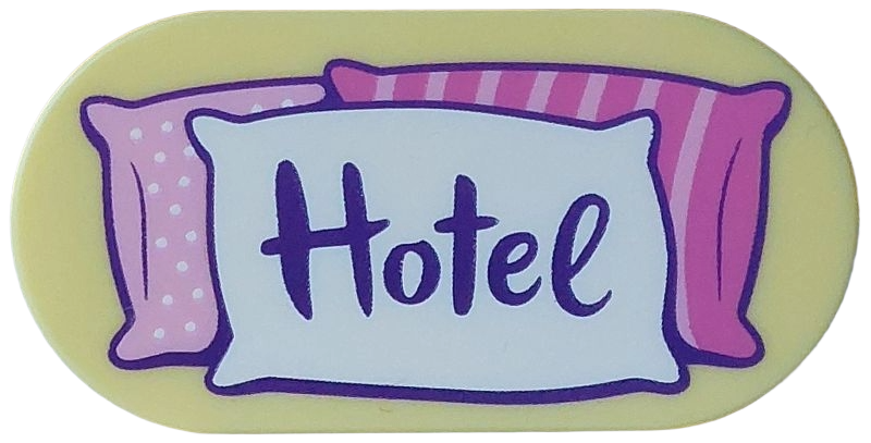 Tile, Round 2 x 4 Oval with Dark Purple 'Hotel' on White, Bright Pink and Dark Pink Pillows with Dots and Stripes Pattern