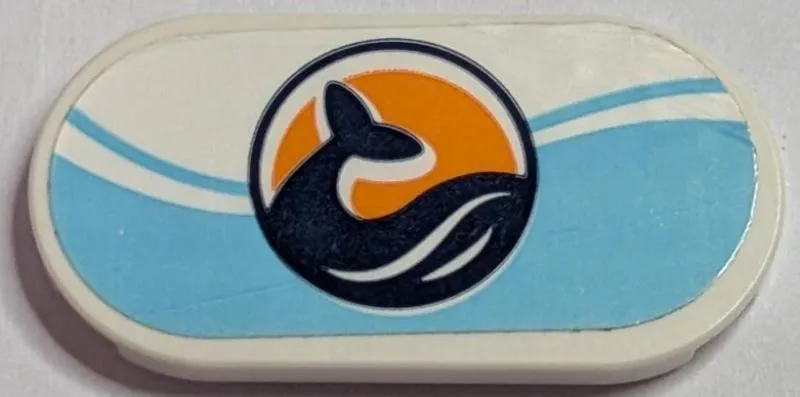 Tile, Round 2 x 4 Oval with Dark Blue Whale Tail in Orange Circle, Medium Azure Wavy Background Pattern (Sticker) - Set 41736