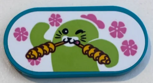 Tile, Round 2 x 4 Oval with Lime Cactus Eating Corn Sticks and Dark Pink Flowers on White Background Pattern (Sticker) - Set 71459