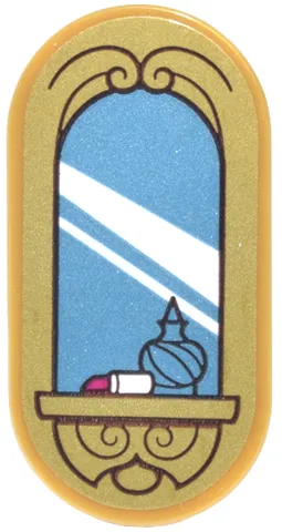Tile, Round 2 x 4 Oval with Metallic Light Blue Mirror, White Reflections, Ornate Shelf, Perfume, and Magenta Lipstick Pattern (Sticker) - Set 43299