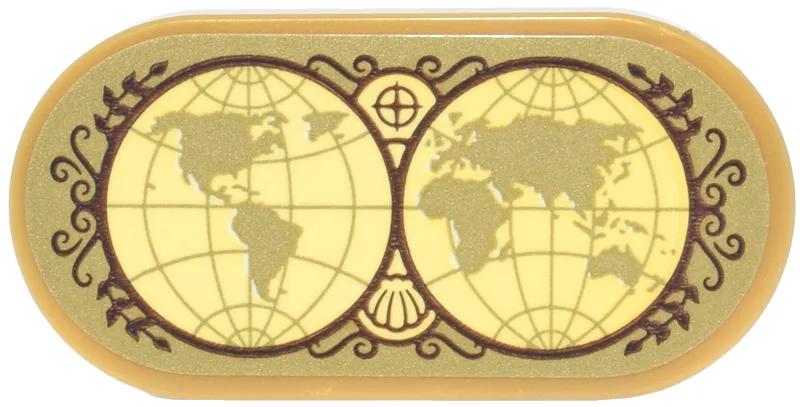 Tile, Round 2 x 4 Oval with Gold and Bright Light Yellow World Map in 2 Hemispheres, Round Dark Brown Frame, Leaves and Filigree Pattern (Sticker) - Set 43299