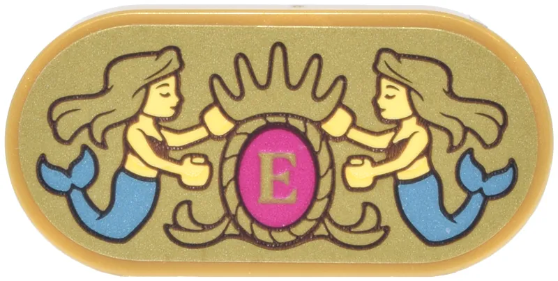 Tile, Round 2 x 4 Oval with 2 Mermaids with Metallic Light Blue Fins, Crest with Crown and Magenta Oval and Letter E Pattern (Sticker) - Set 43299