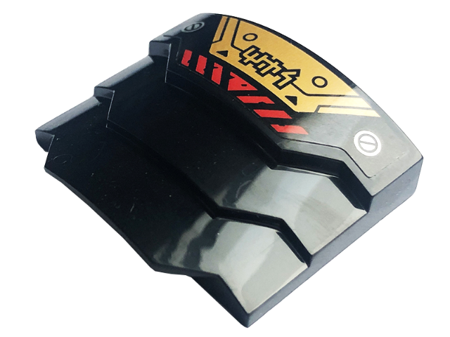 Wedge 4 x 3 Stepped No Studs with Black Lines, Rings, and Triangles, Silver Screws, Red Danger Stripes, and Gold Armor Pattern (Sticker) - Set 71775