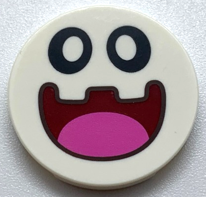 Tile, Round 3 x 3 with Black Eyes and Dark Red Open Mouth Smile with Dark Pink Tongue Pattern (Super Mario Peepa Face)