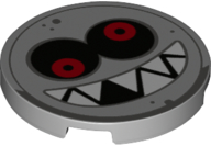 Tile, Round 3 x 3 with Black and Red Eyes, Open Mouth Smile with Sharp White Teeth, Dark Bluish Gray Border and Dots Pattern (Super Mario Grrrol Face)