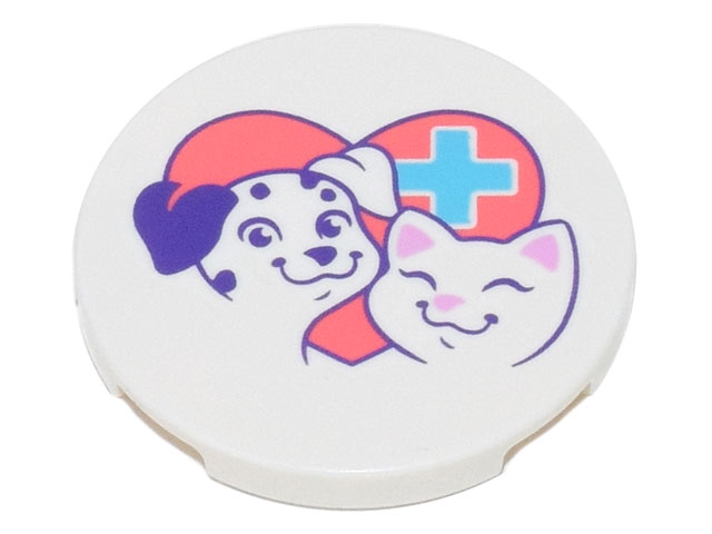 Tile, Round 3 x 3 with Coral Heart with Medium Azure Cross, Smiling Dog and Cat Pattern