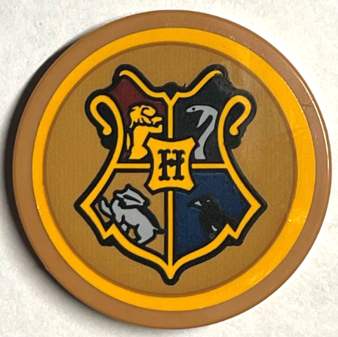 Tile, Round 3 x 3 with Hogwarts Coat of Arms Crest with Bright Light Orange Border Pattern (Sticker) - Set 76399