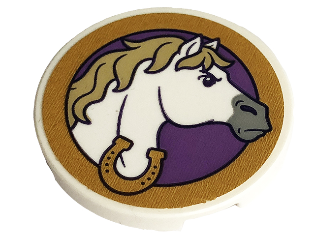 Tile, Round 3 x 3 with White Horse, Gold Horseshoe and Frame on Medium Lavender Background Pattern (Sticker) - Set 43195