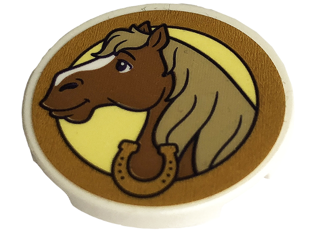 Tile, Round 3 x 3 with Medium Nougat Horse, Gold Horseshoe and Frame on Bright Light Yellow Background Pattern (Sticker) - Set 43195
