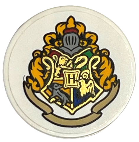 Tile, Round 3 x 3 with Gold Hogwarts Coat of Arms, Bright Light Orange Feathers, and Tan Banner Pattern (Sticker) - Set 76405