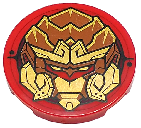 Tile, Round 3 x 3 with Dark Orange and Gold Monkey King Robot Head Pattern
