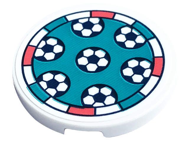Tile, Round 3 x 3 with Soccer Balls with Coral and Dark Turquoise Border Pattern (Sticker) - Set 41754