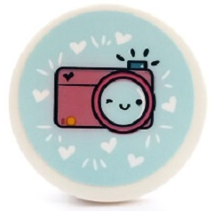 Tile, Round 3 x 3 with Dark Pink Camera with Face and Hearts on Light Aqua Background Pattern (Sticker) - Set 41450