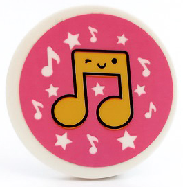 Tile, Round 3 x 3 with Yellow Music Notes with Face and Stars on Dark Pink Background Pattern (Sticker) - Set 41450