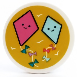 Tile, Round 3 x 3 with Dark Pink and Light Aqua Diamond Shaped Kites with Faces on Yellow Background Pattern (Sticker) - Set 41450