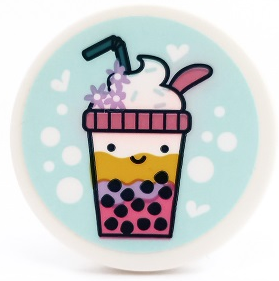 Tile, Round 3 x 3 with Bubble Tea with Cream, Straw, Flowers, Hearts and Dots on Light Aqua Background Pattern (Sticker) - Set 41450