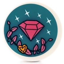 Tile, Round 3 x 3 with Dark Pink Diamond, Vine, Sparkles and Heart Shaped Gem on Dark Turquoise Background Pattern (Sticker) - Set 41450