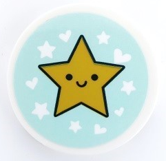 Tile, Round 3 x 3 with Yellow Star with Face, Hearts and Stars on Light Aqua Background Pattern (Sticker) - Set 41450