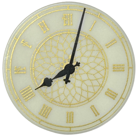 Tile, Round 3 x 3 with Clock Face with Gold Roman Numerals, Ornate Center and Border, Black Hands Pattern (Big Ben)