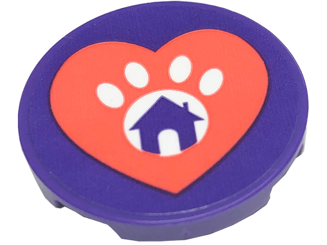 Tile, Round 3 x 3 with Coral Heart, Dark Purple House and White Paw Print Pattern (Sticker) - Set 41699