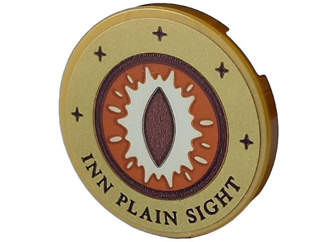 Tile, Round 3 x 3 with Sign with Reddish Brown, White, and Dark Orange Eye with Slit Pupil, Dark Brown Sparkles and 'INN PLAIN SIGHT' Pattern (Sticker) - Set 21348