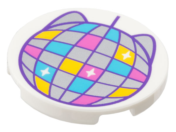 Tile, Round 3 x 3 with Dark Purple Disco Ball with Silver, Medium Azure, Dark Pink and Yellow Sections, Sparkles and Cat Ears Pattern