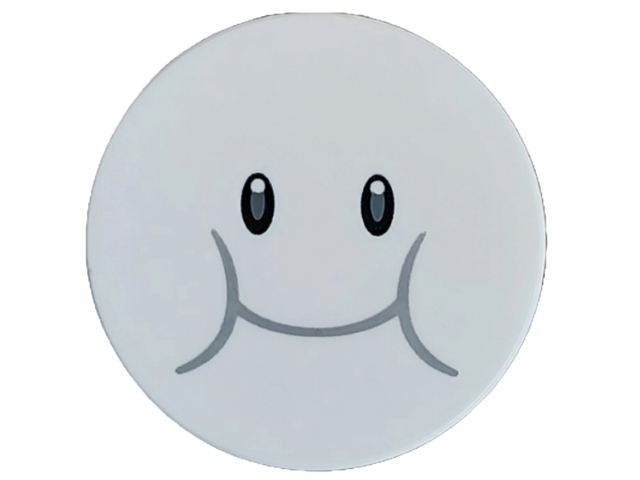 Tile, Round 3 x 3 with Black Eyes, Dark Bluish Gray Smile and Cheeks Pattern (Super Mario Lakitu Cloud Face)