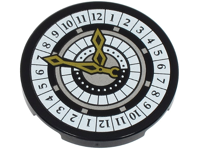 Tile, Round 3 x 3 with White and Silver Clock Face with Numbers and Gold Hands Pattern