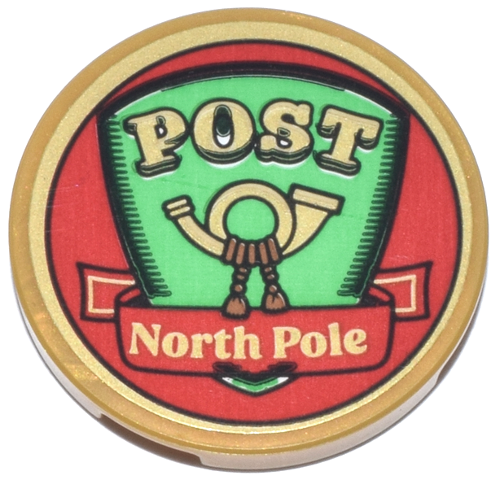Tile, Round 3 x 3 with Sign with Bright Green Shield, Red Banner, Gold Mail Horn, 'POST' and 'North Pole' Pattern (Sticker) - Set 10339