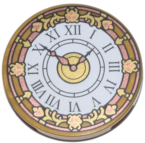 Tile, Round 3 x 3 with White Clock Face, Copper and Gold Hands, Border, and Filigree and Black Roman Numerals Pattern